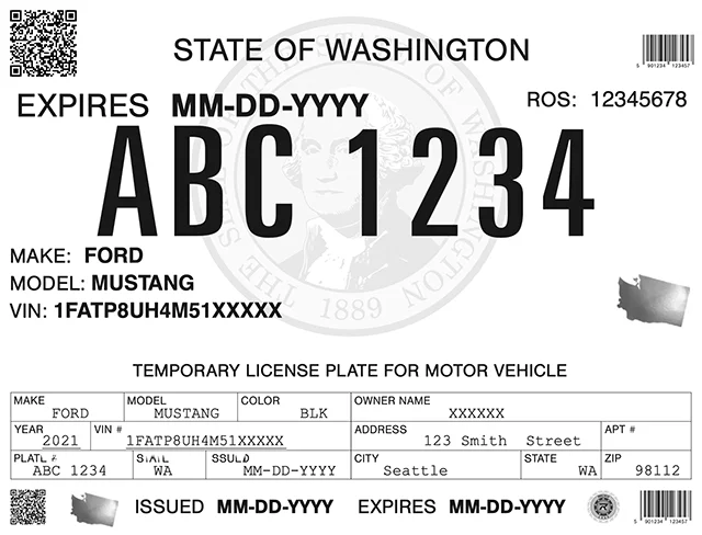 Sample of Washington Temporary License Plate