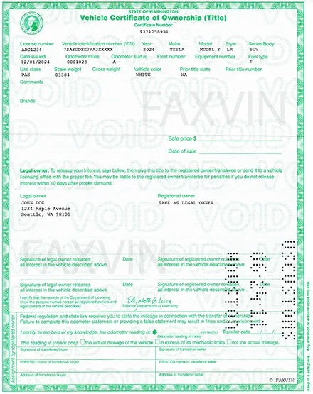 Washington State Vehicle Title Example